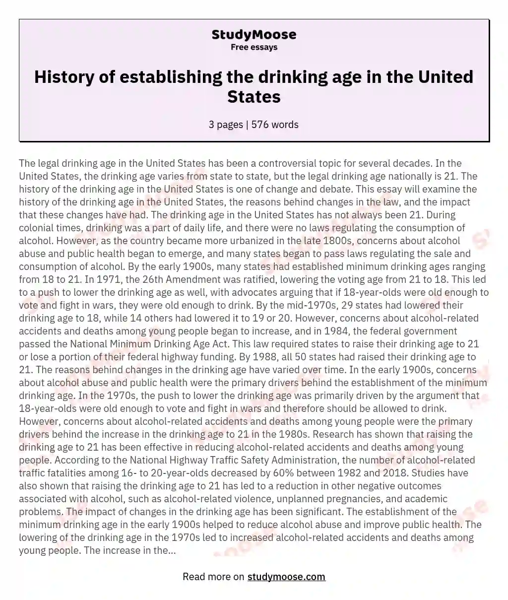 History of establishing the drinking age in the United States essay