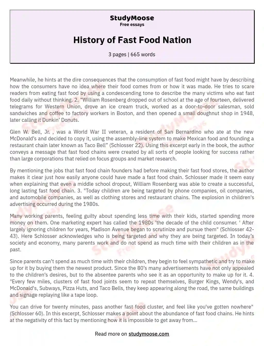 History of Fast Food Nation essay