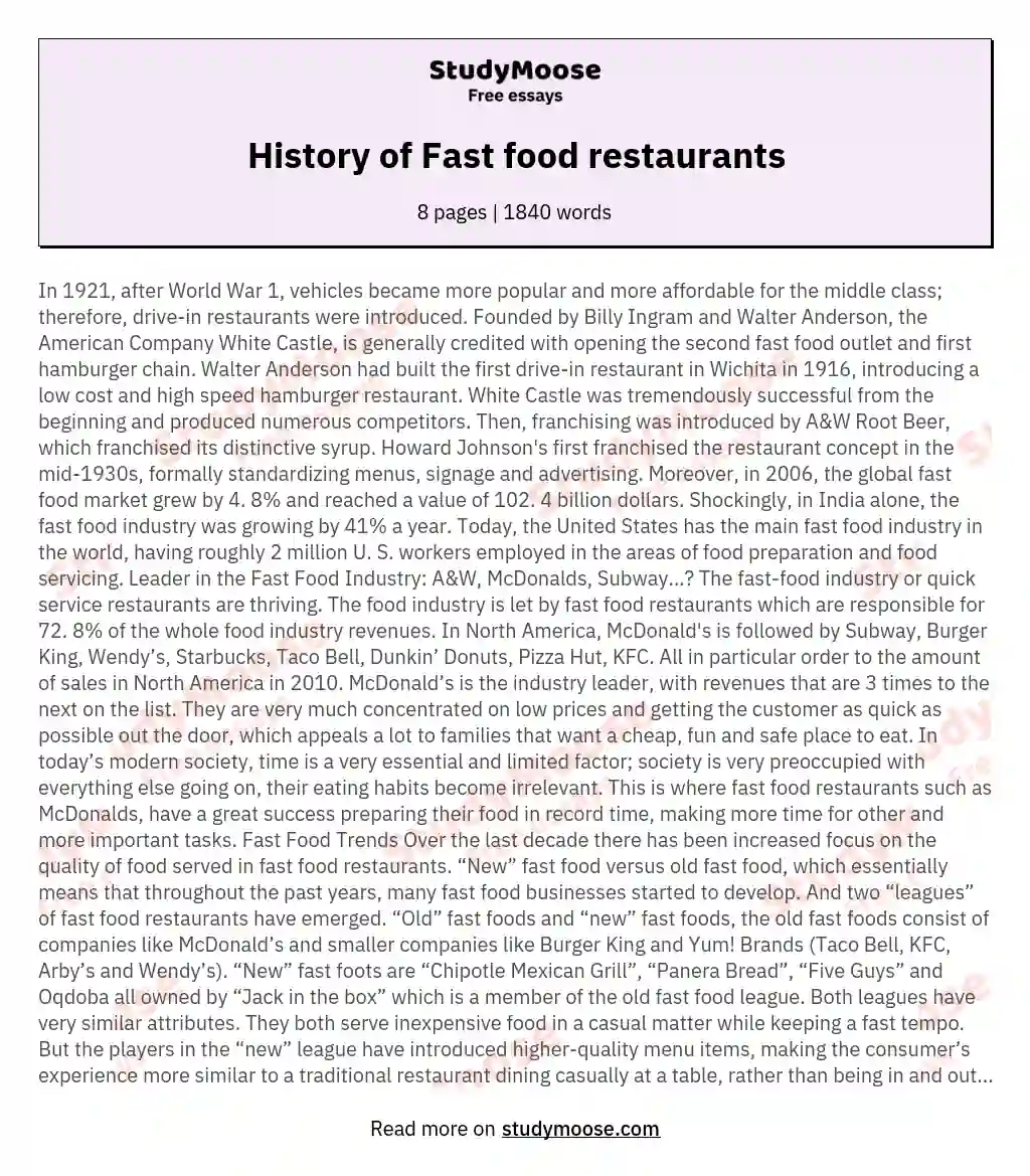 History of Fast food restaurants essay