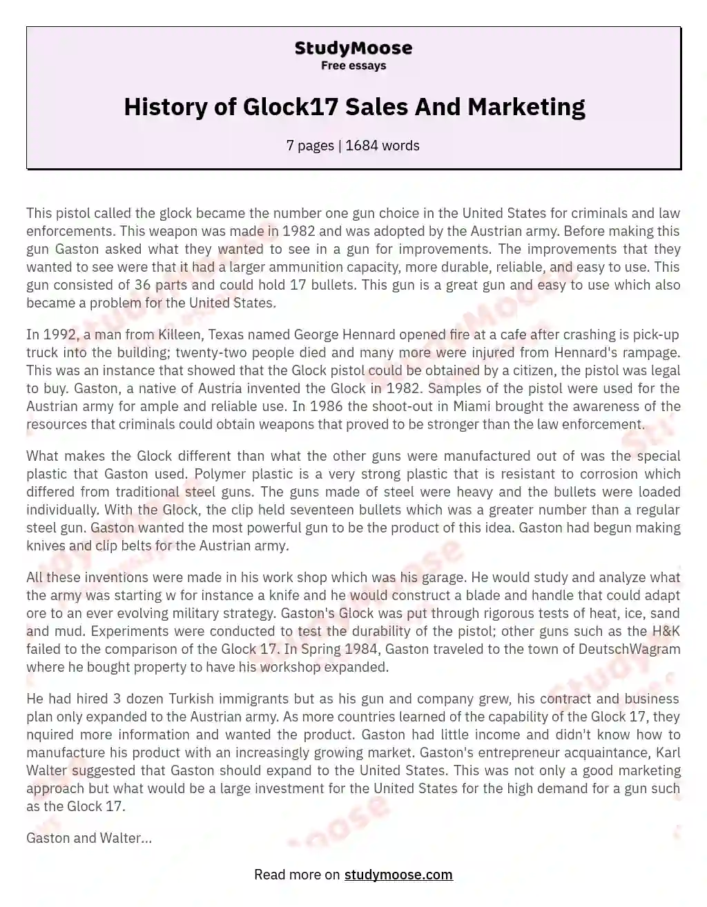 History of Glock17 Sales And Marketing essay