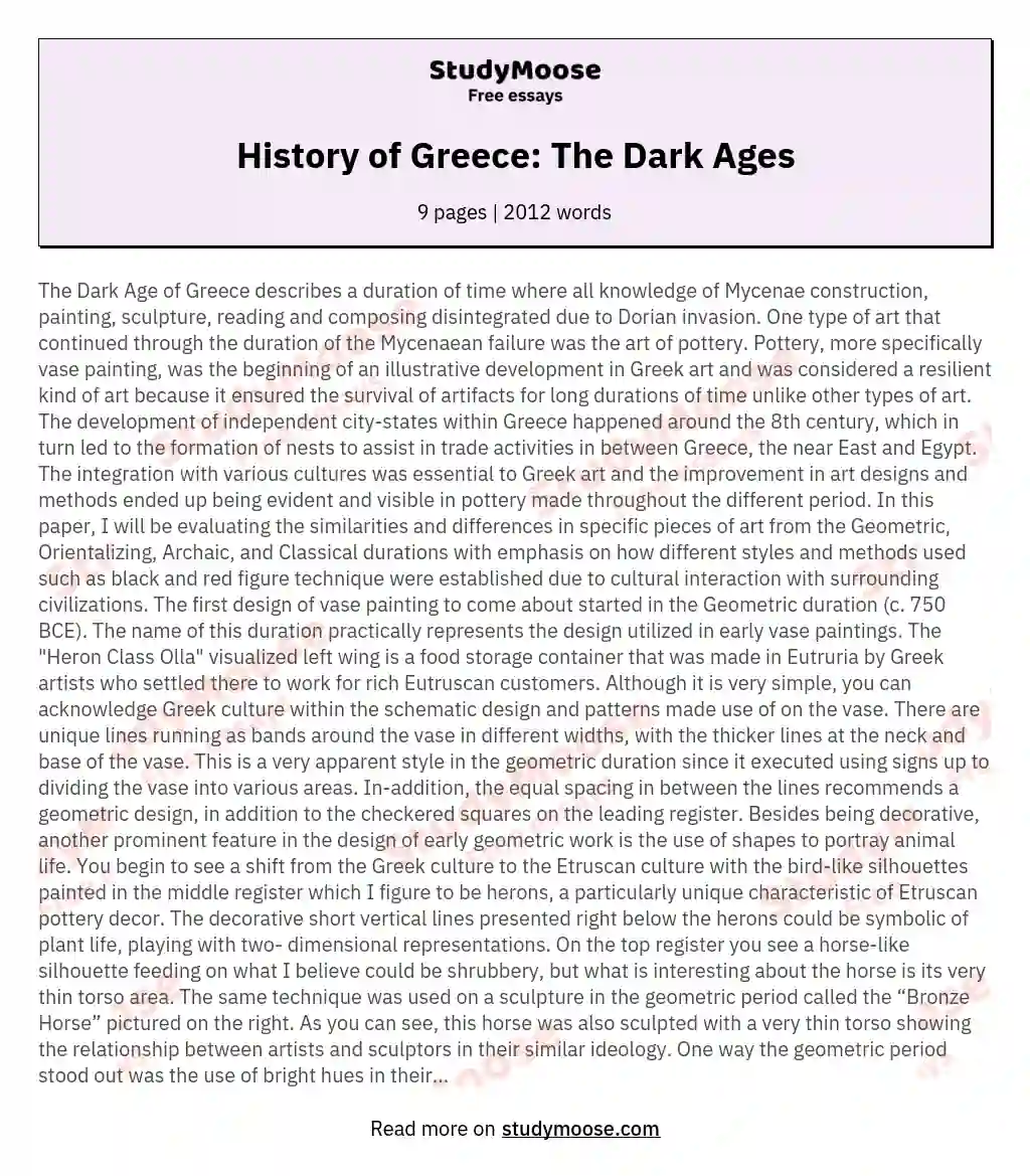 History of Greece: The Dark Ages essay