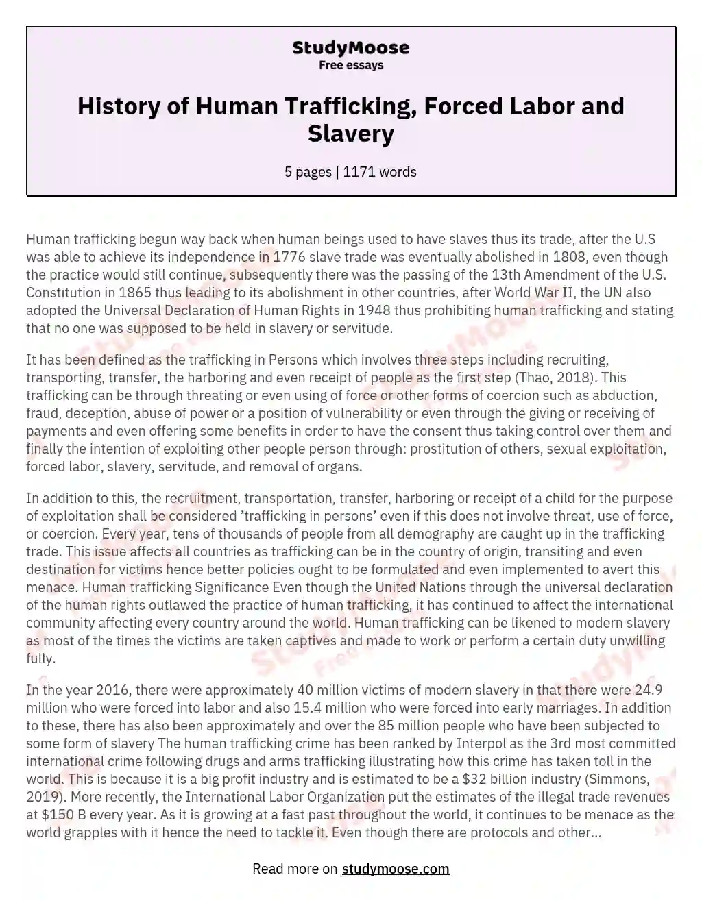 History of Human Trafficking, Forced Labor and Slavery