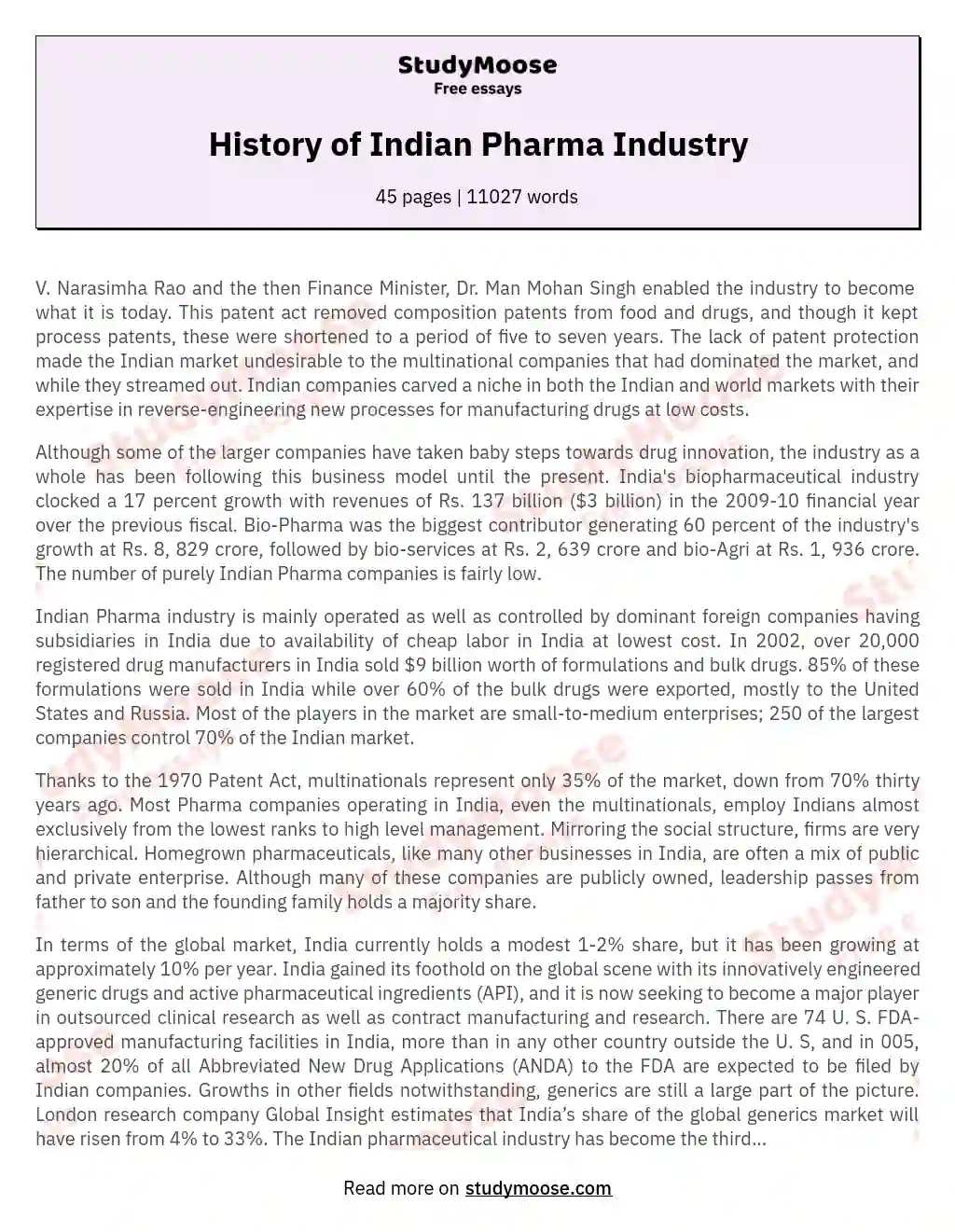 History of Indian Pharma Industry essay