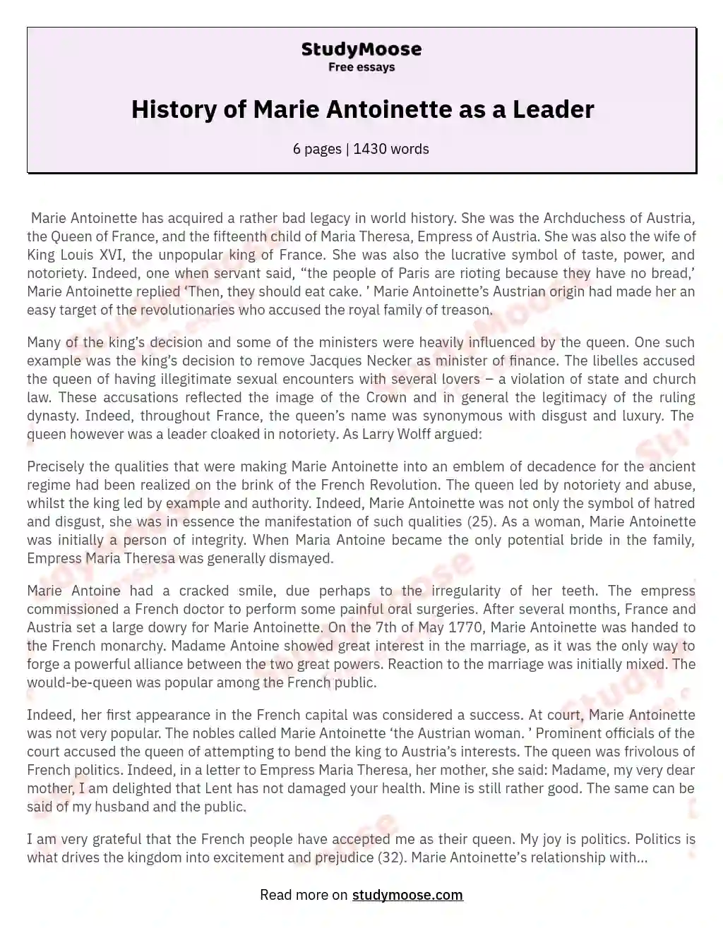 History of Marie Antoinette as a Leader essay