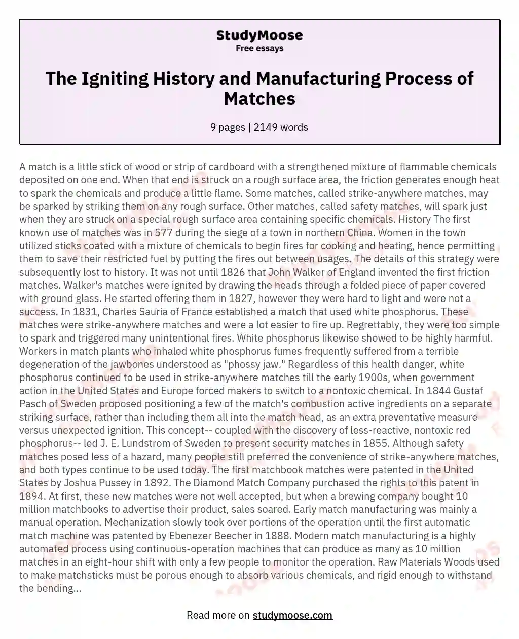 The Igniting History and Manufacturing Process of Matches essay