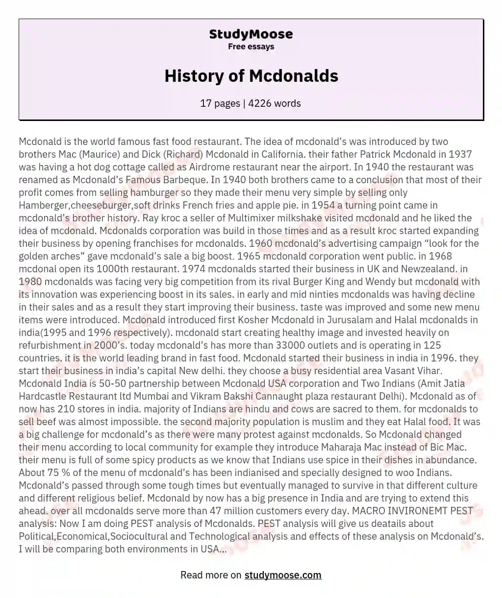 History of Mcdonalds essay