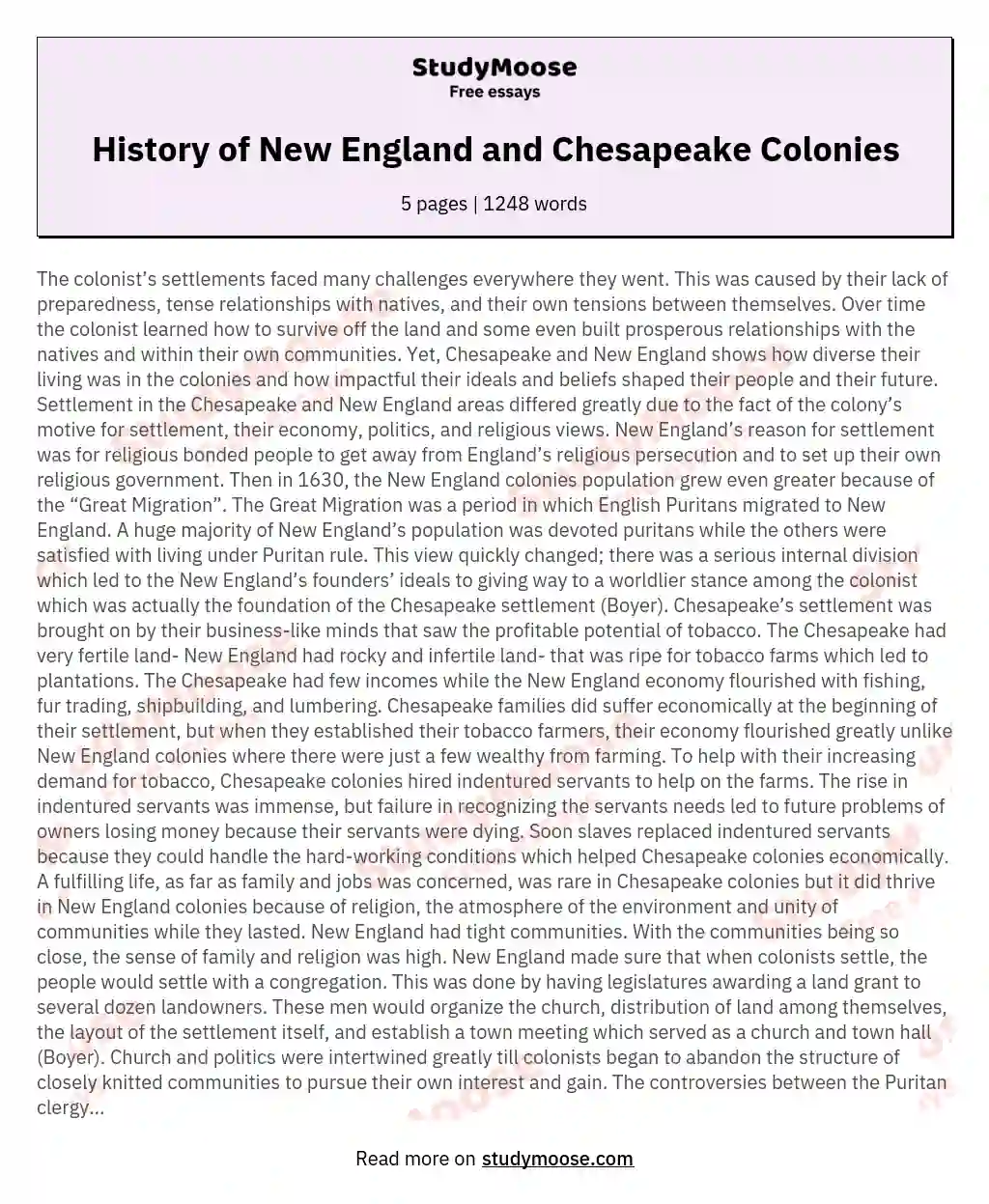 History of New England and Chesapeake Colonies