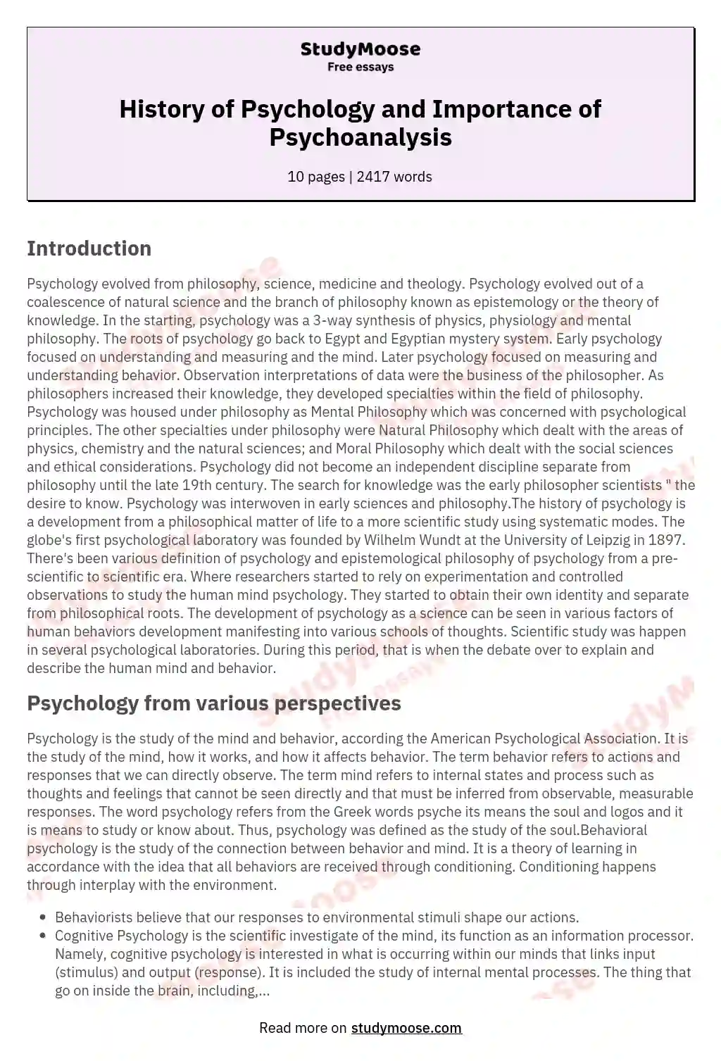 History of Psychology and Importance of Psychoanalysis essay