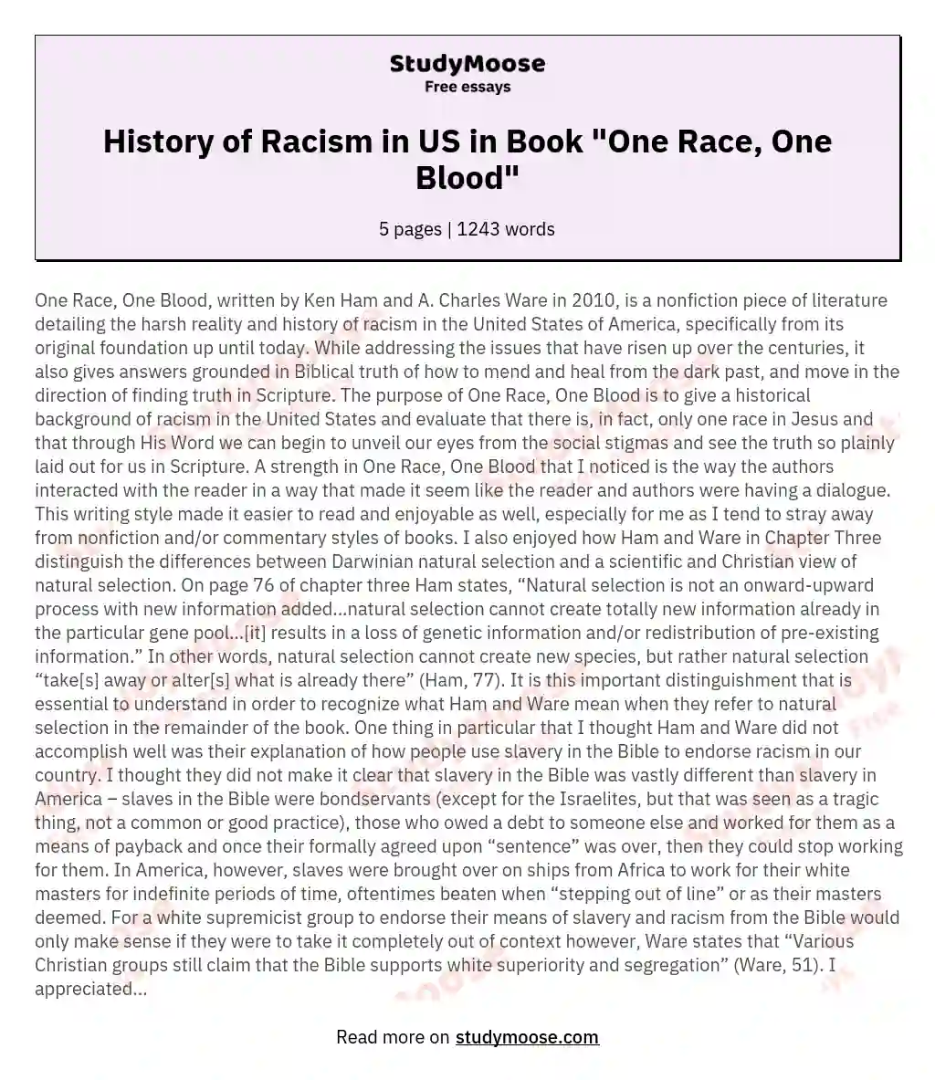History of Racism in US in Book "One Race, One Blood" essay