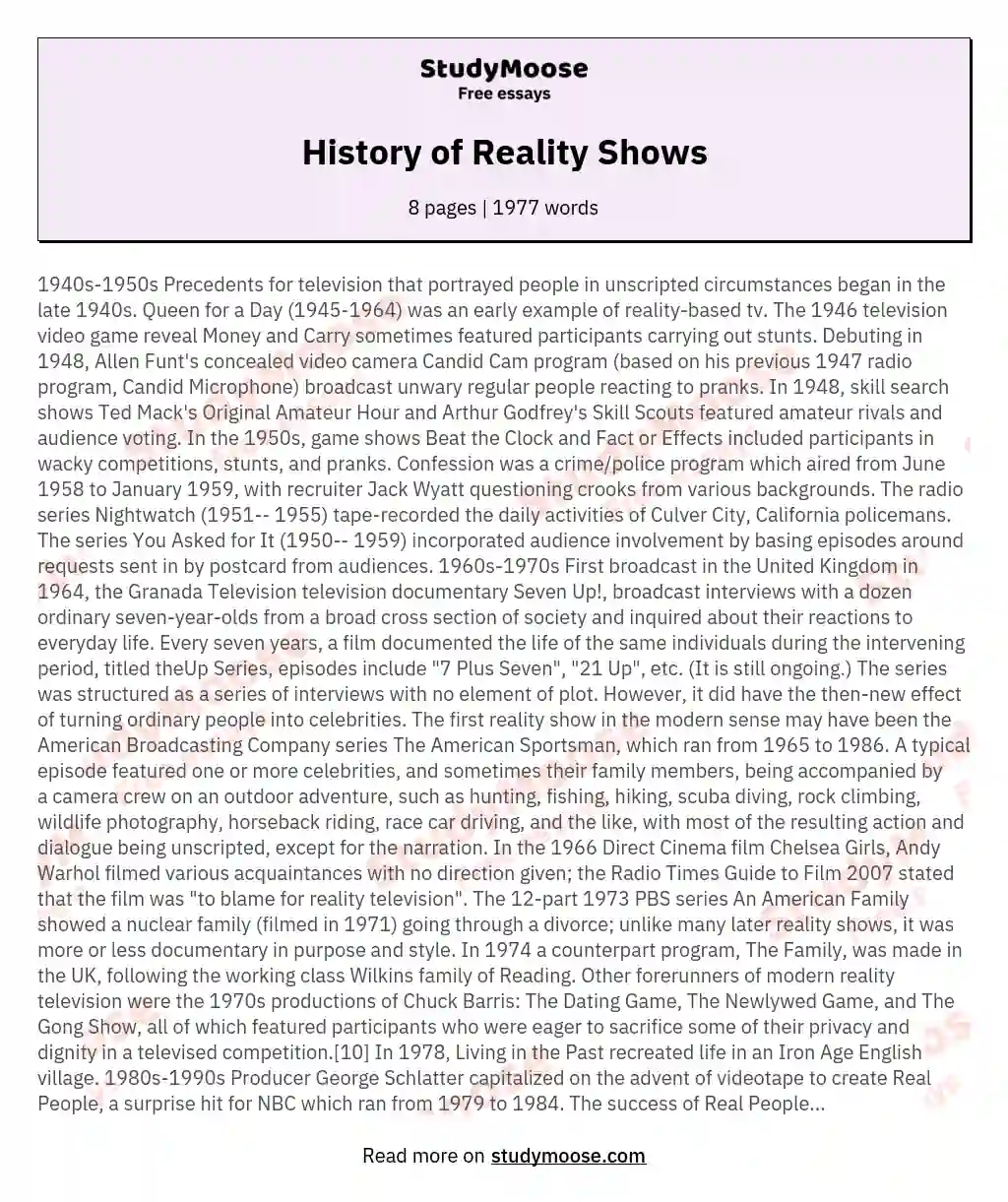 History of Reality Shows