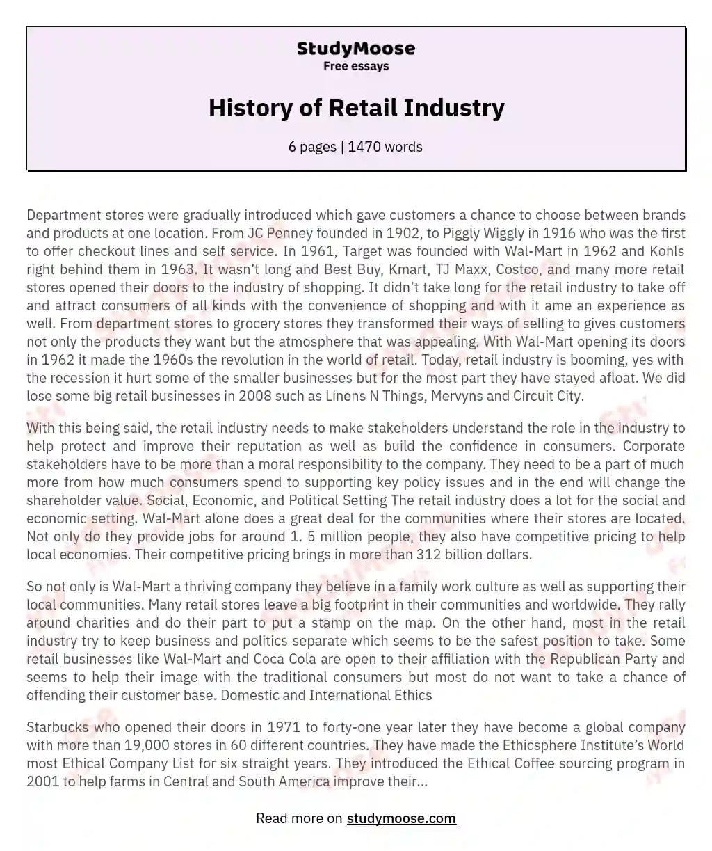 History of Retail Industry essay