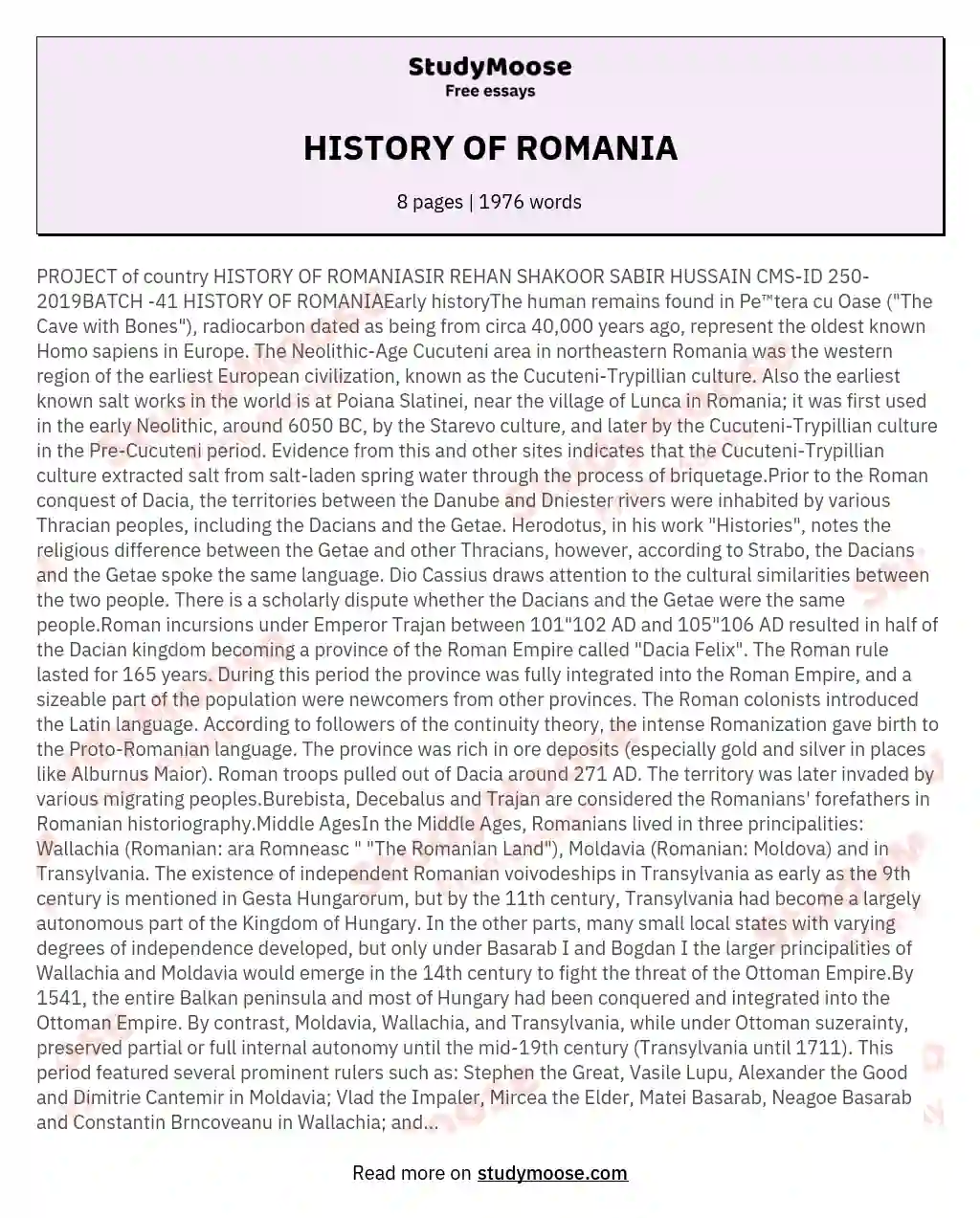 HISTORY OF ROMANIA essay