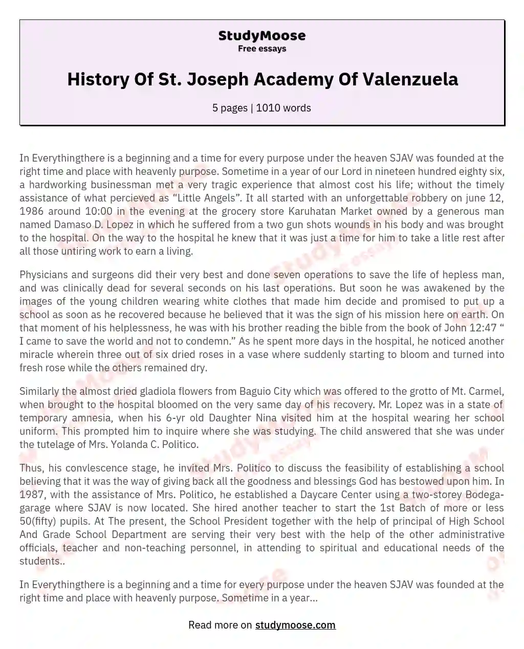 History Of St. Joseph Academy Of Valenzuela essay