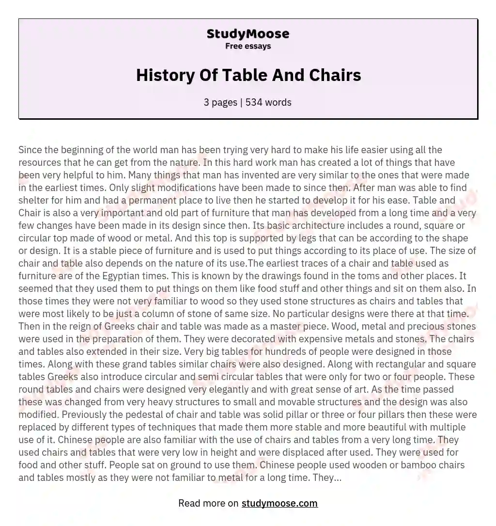 History Of Table And Chairs essay