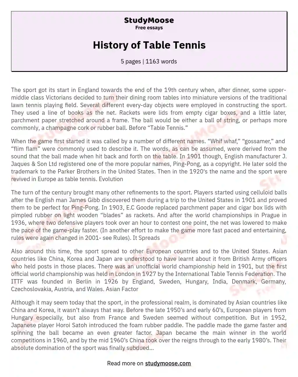 History of Table Tennis essay