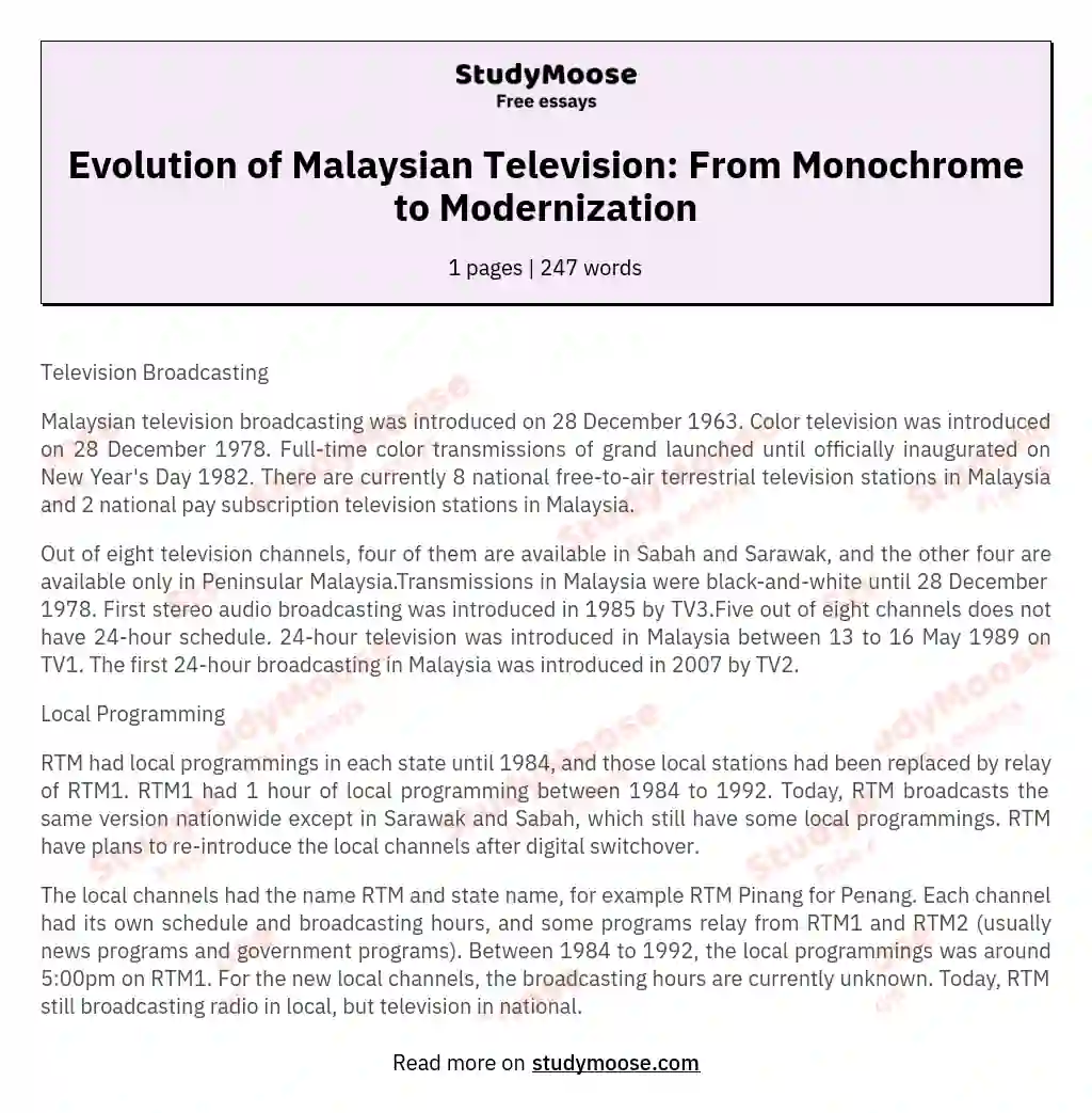 Evolution of Malaysian Television: From Monochrome to Modernization essay