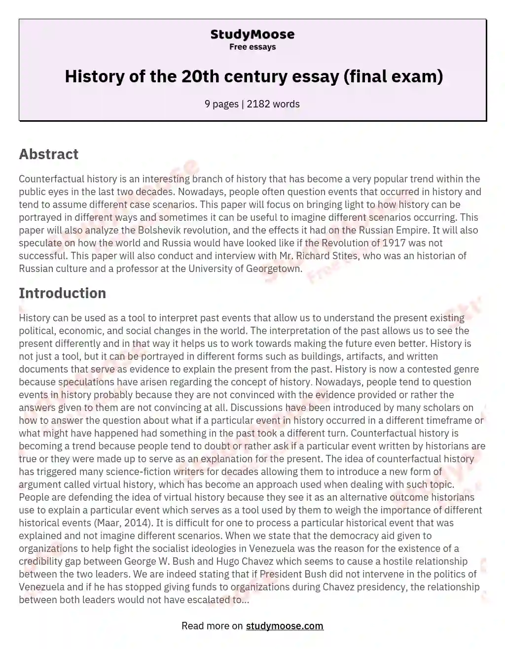 History of the 20th century essay (final exam) essay
