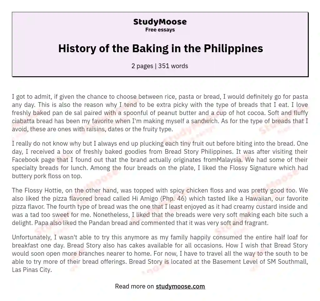History of the Baking in the Philippines essay