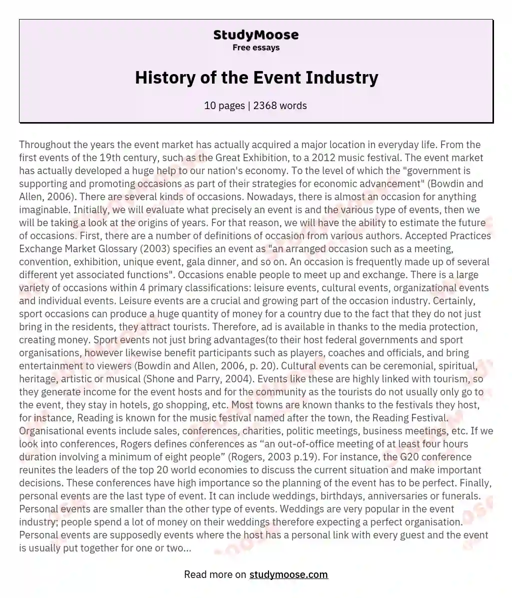 History of the Event Industry essay