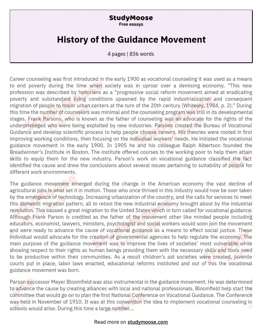 History of the Guidance Movement essay