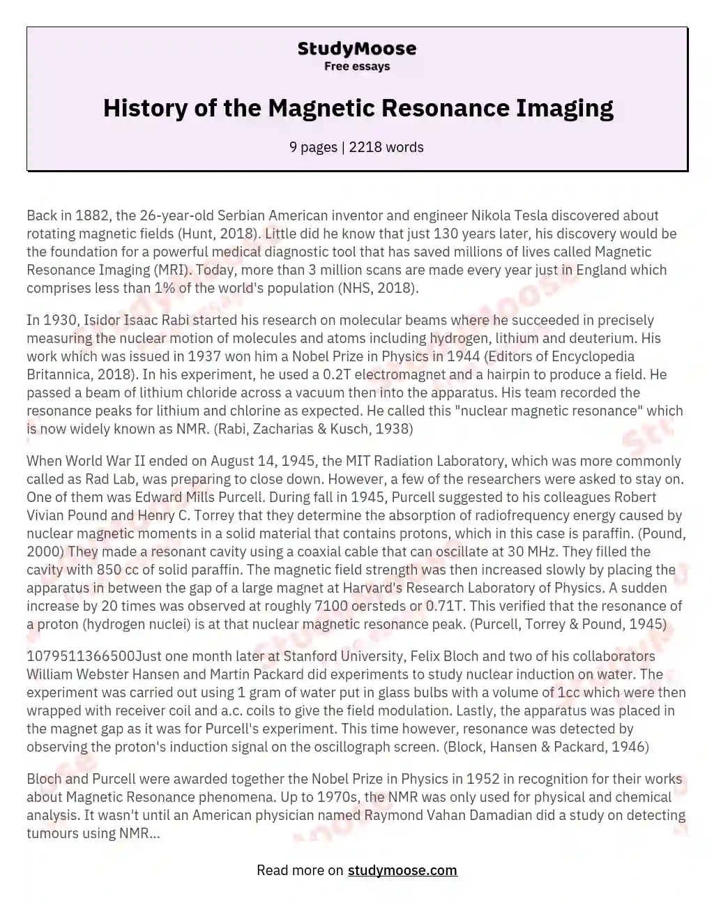 History of the Magnetic Resonance Imaging essay