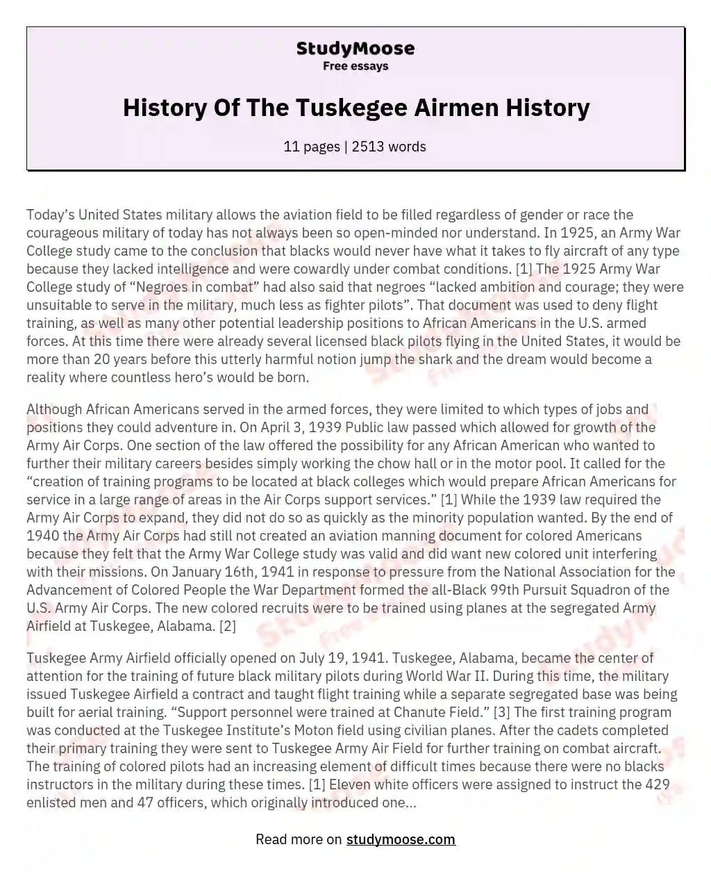 History Of The Tuskegee Airmen History essay