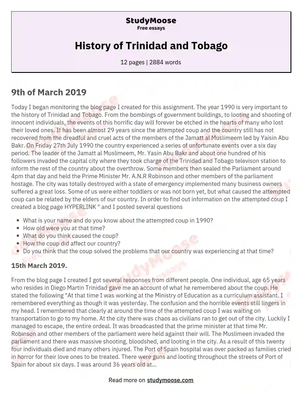 History of Trinidad and Tobago essay