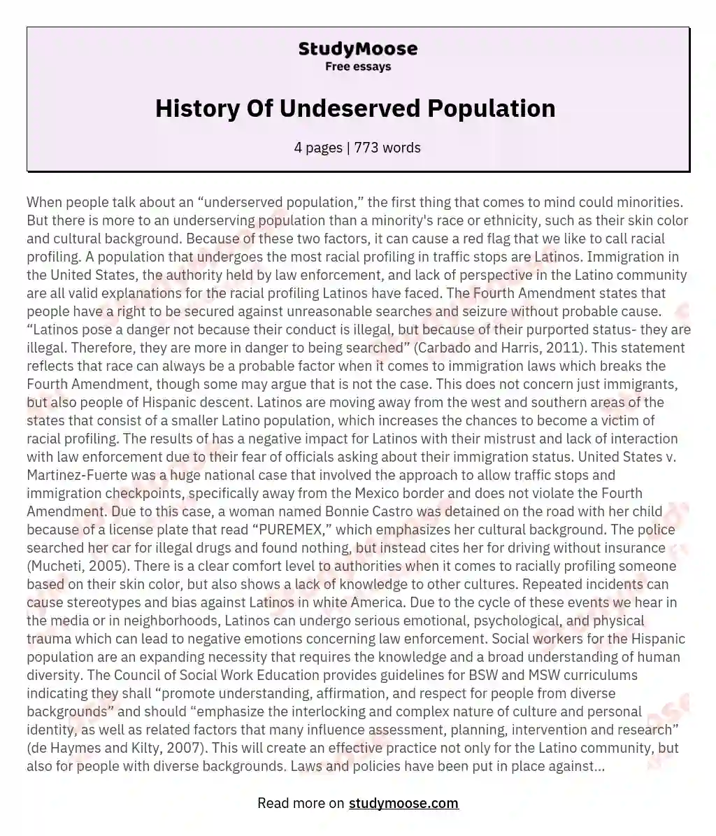 History Of Undeserved Population  essay