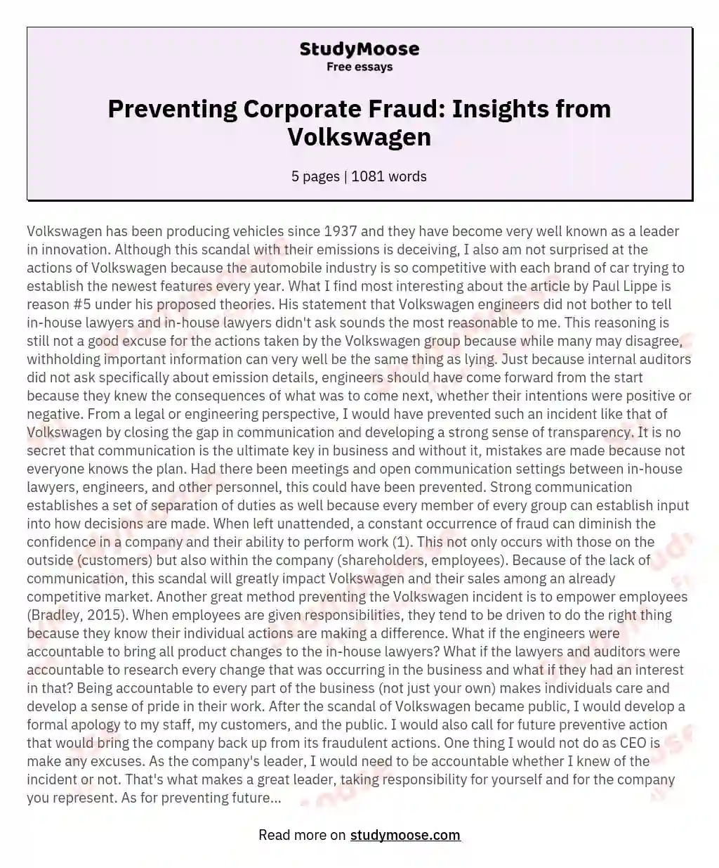 Preventing Corporate Fraud: Insights from Volkswagen essay
