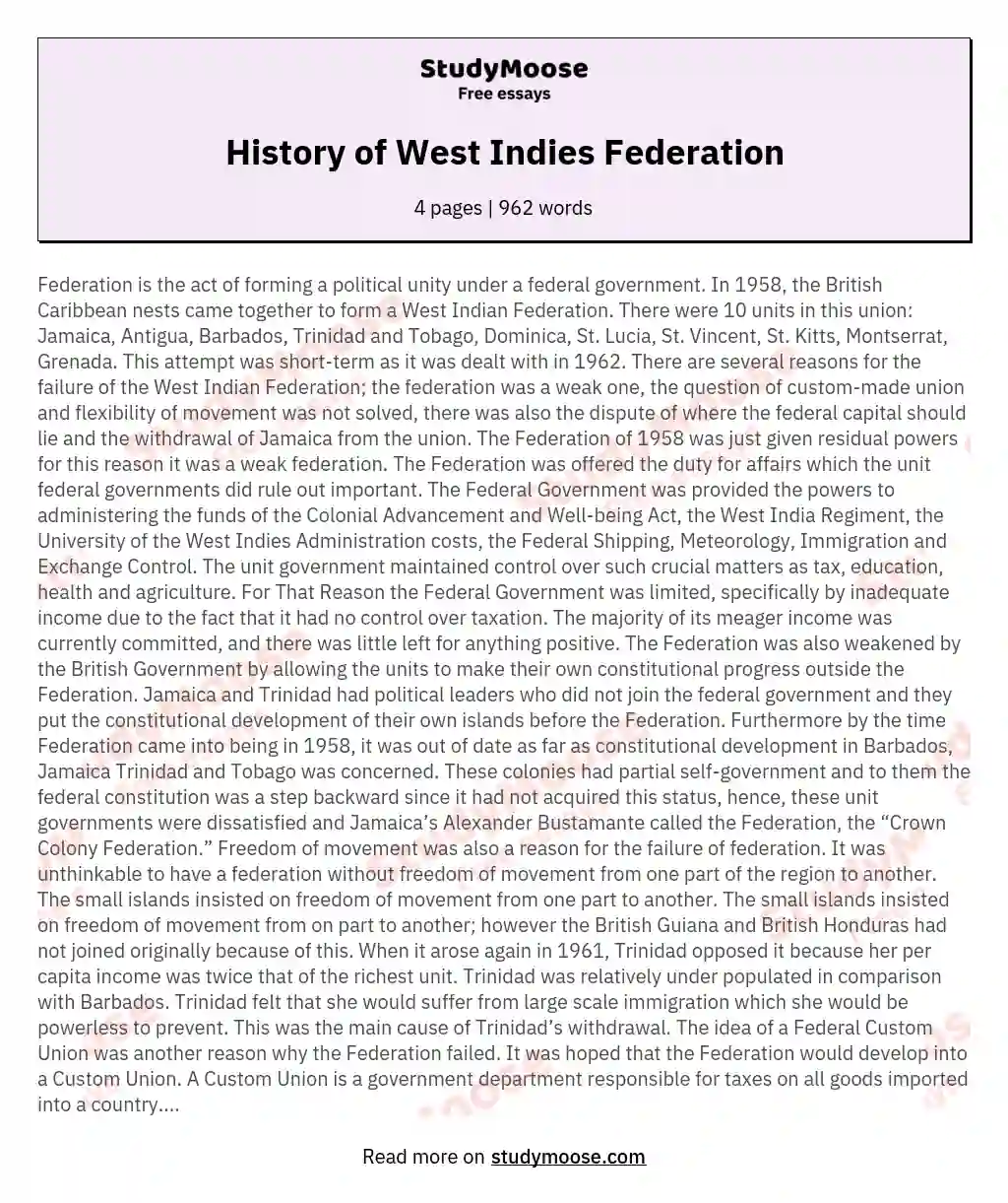 History of West Indies Federation essay