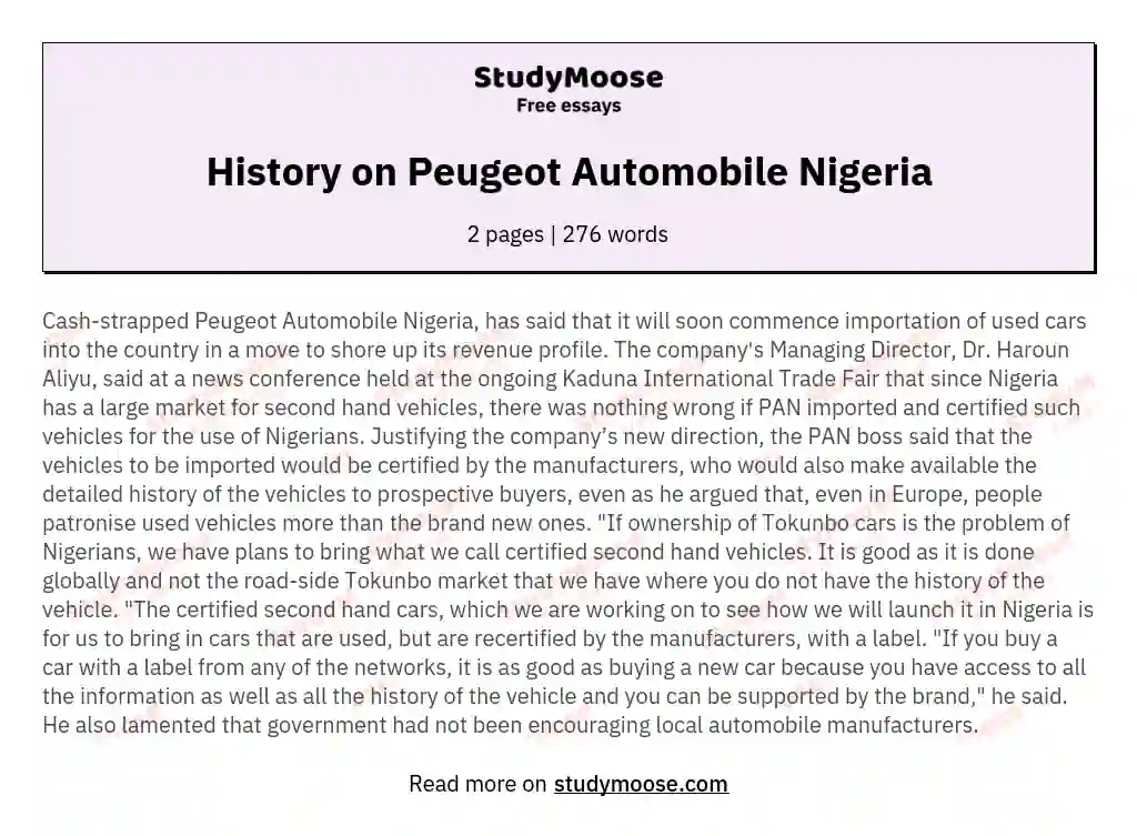 History on Peugeot Automobile Nigeria essay