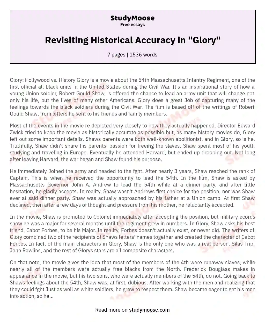Revisiting Historical Accuracy in "Glory" essay