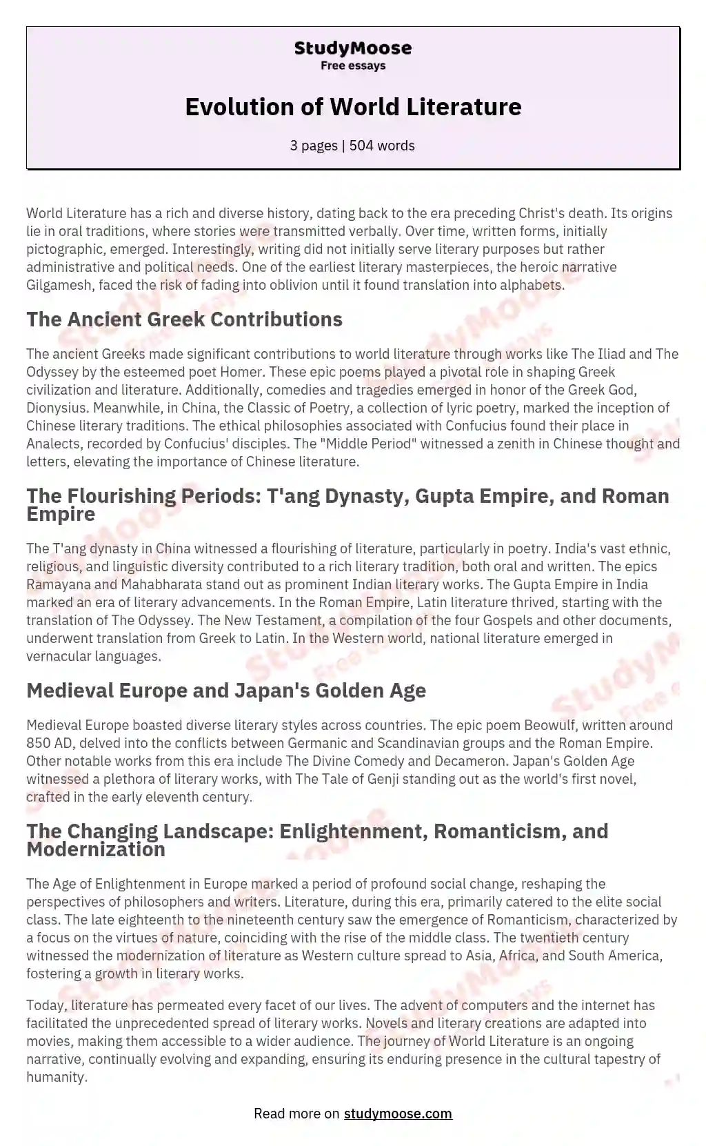 Evolution Of World Literature Free Essay Example