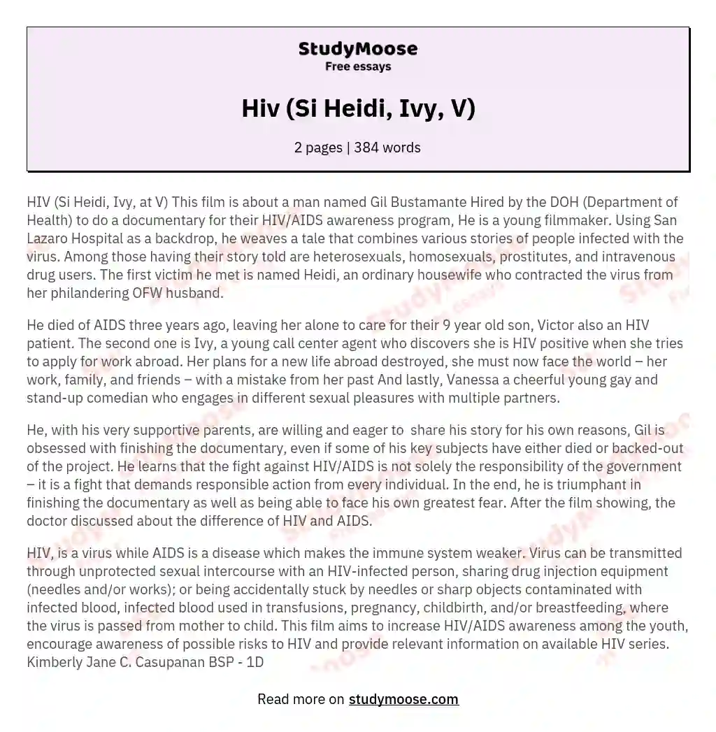 Hiv (Si Heidi, Ivy, V) essay