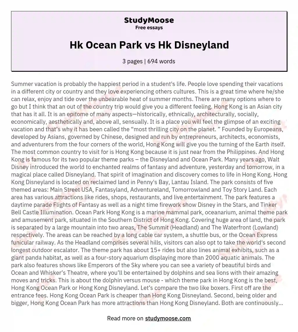 Hk Ocean Park vs Hk Disneyland essay