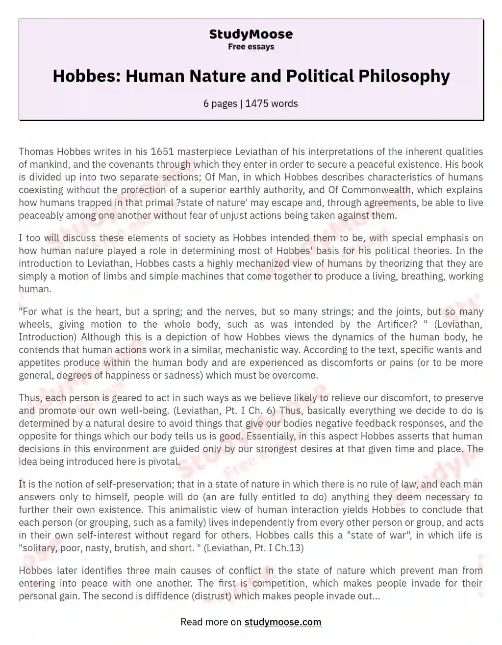 Hobbes: Human Nature and Political Philosophy essay