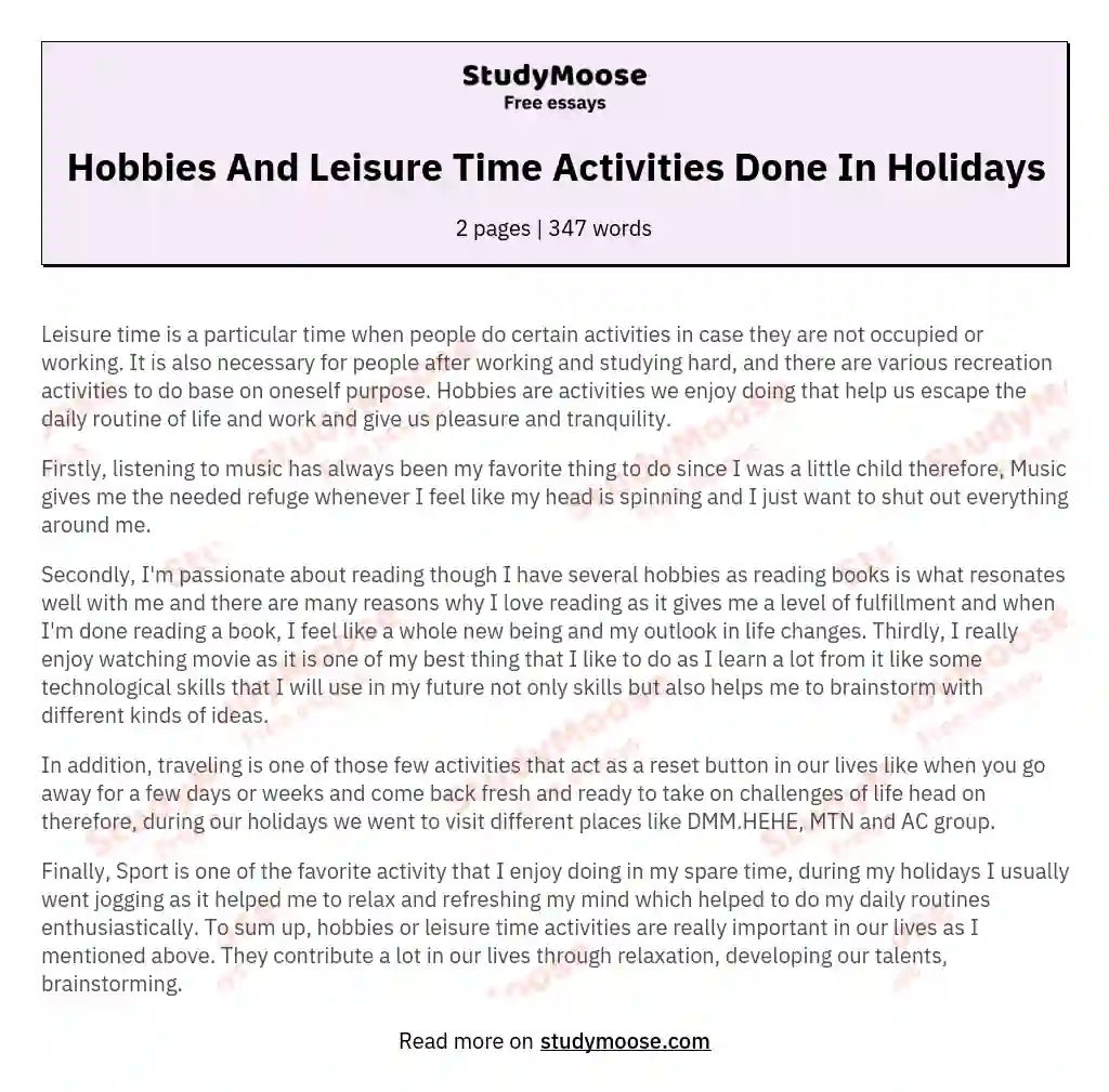 Hobbies And Leisure Time Activities Done In Holidays