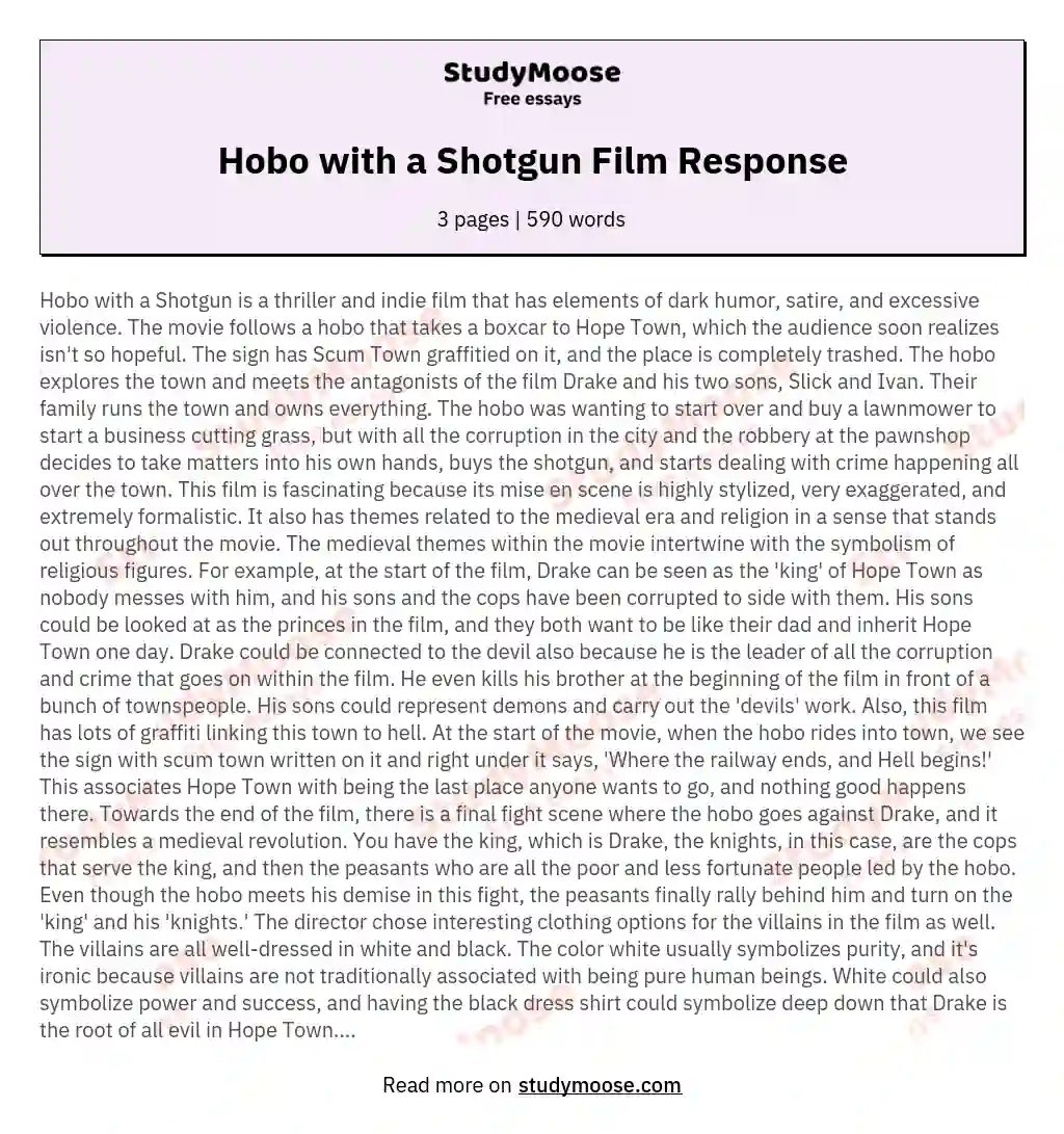Hobo with a Shotgun Film Response essay