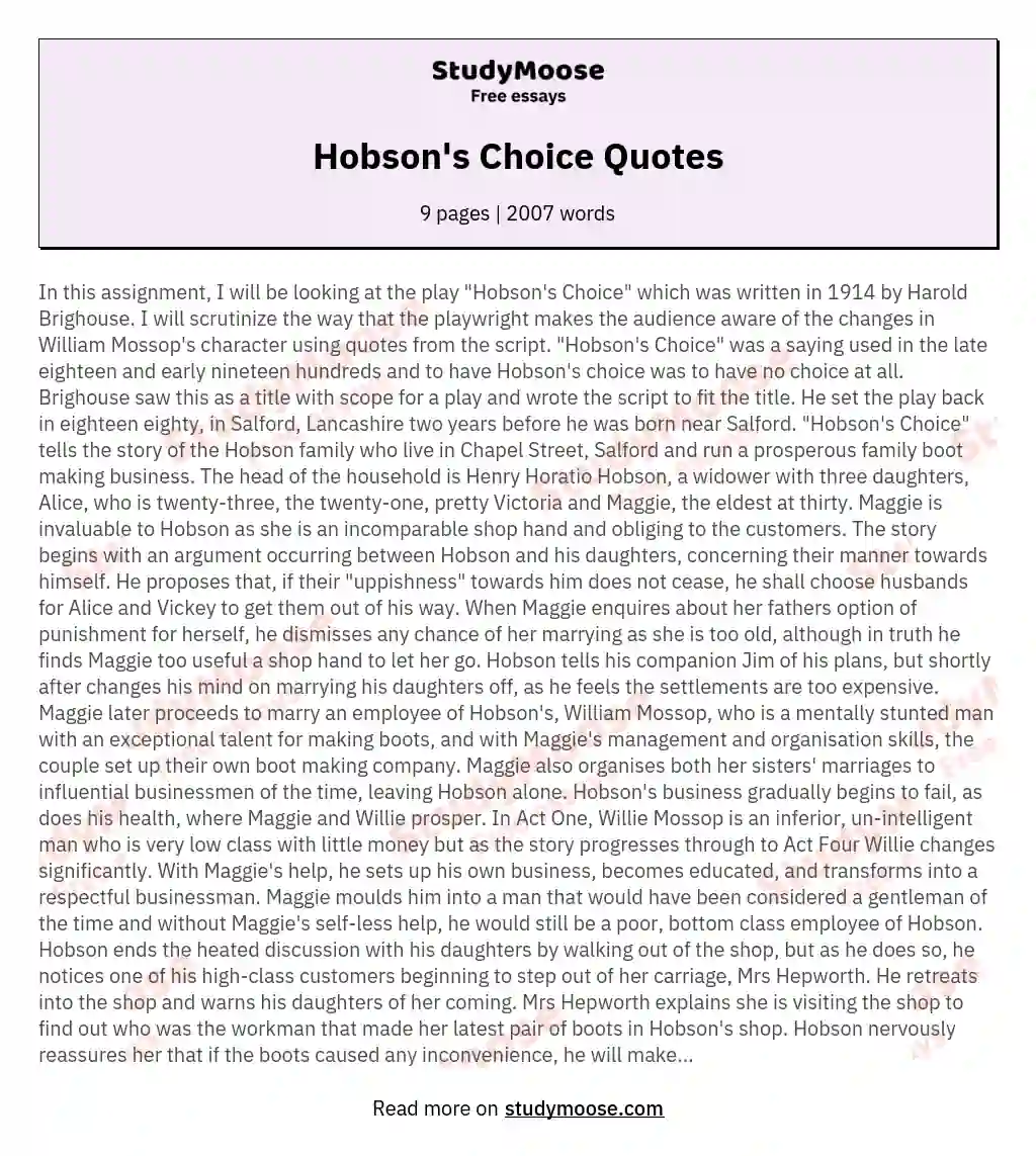 Hobson's Choice Quotes essay