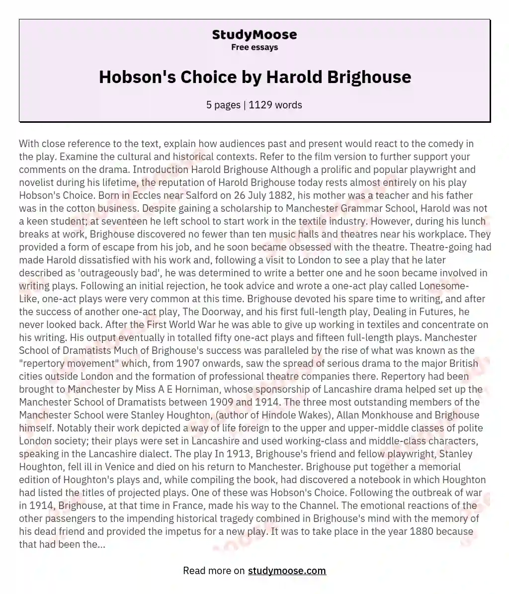 Hobson's Choice by Harold Brighouse essay