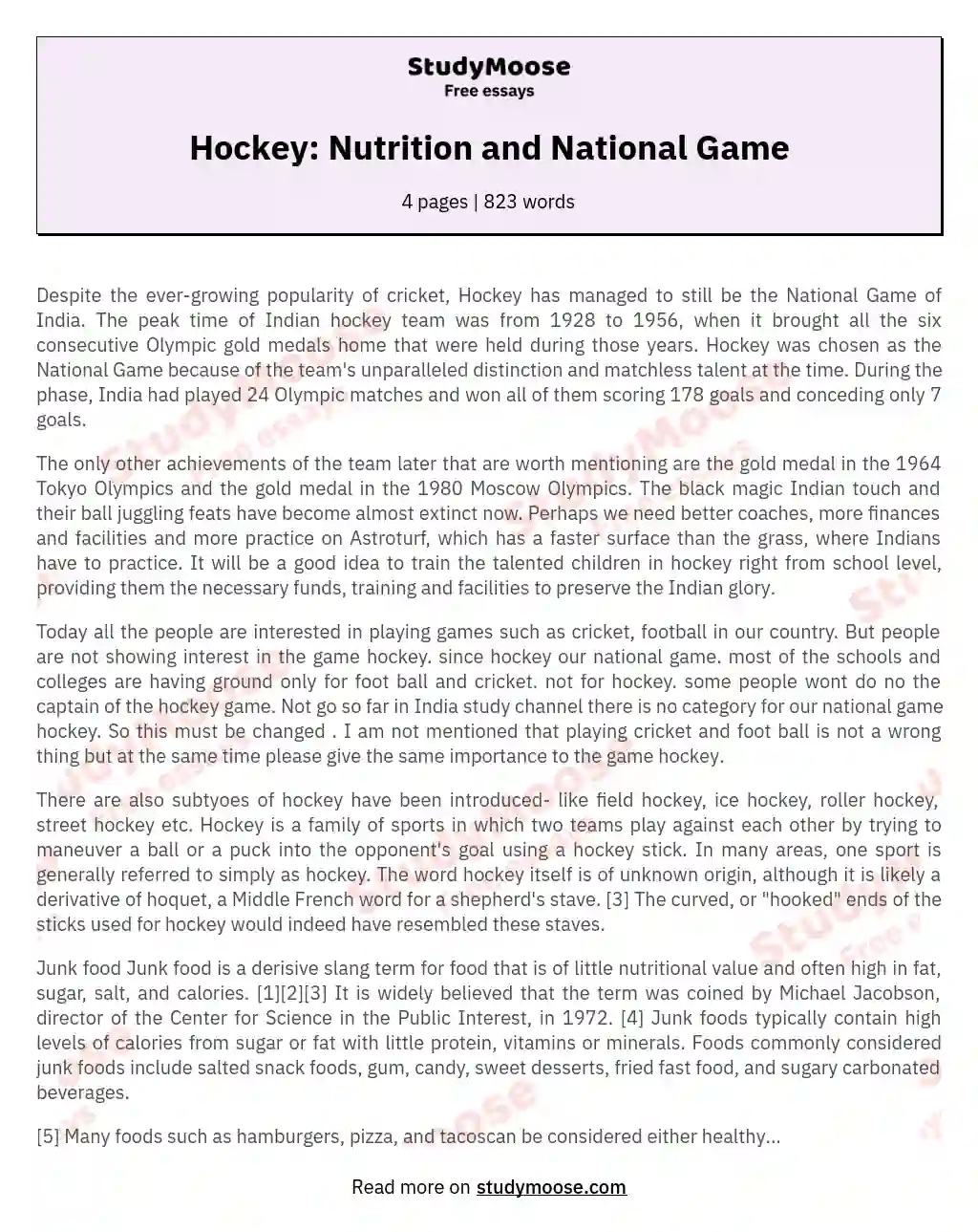 Hockey: Nutrition and National Game essay