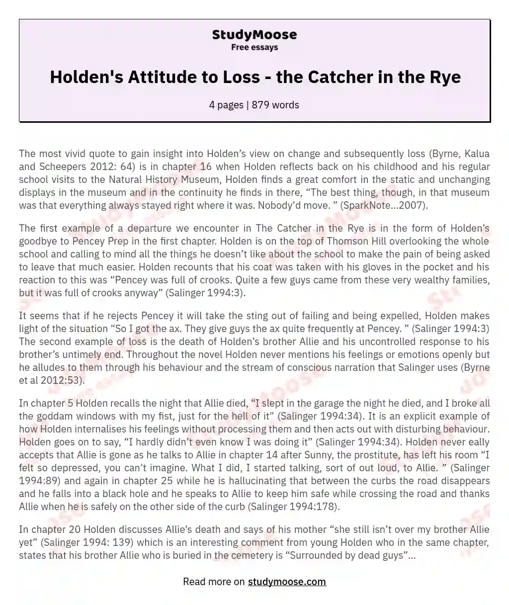 Holden's Attitude to Loss - the Catcher in the Rye essay