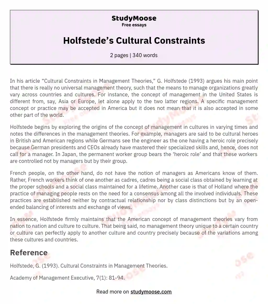 Holfstede’s Cultural Constraints