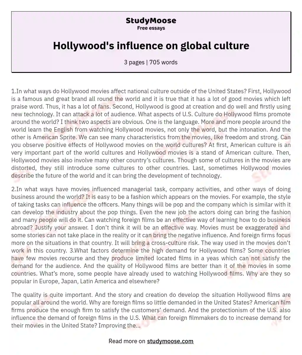 Hollywood's influence on global culture essay