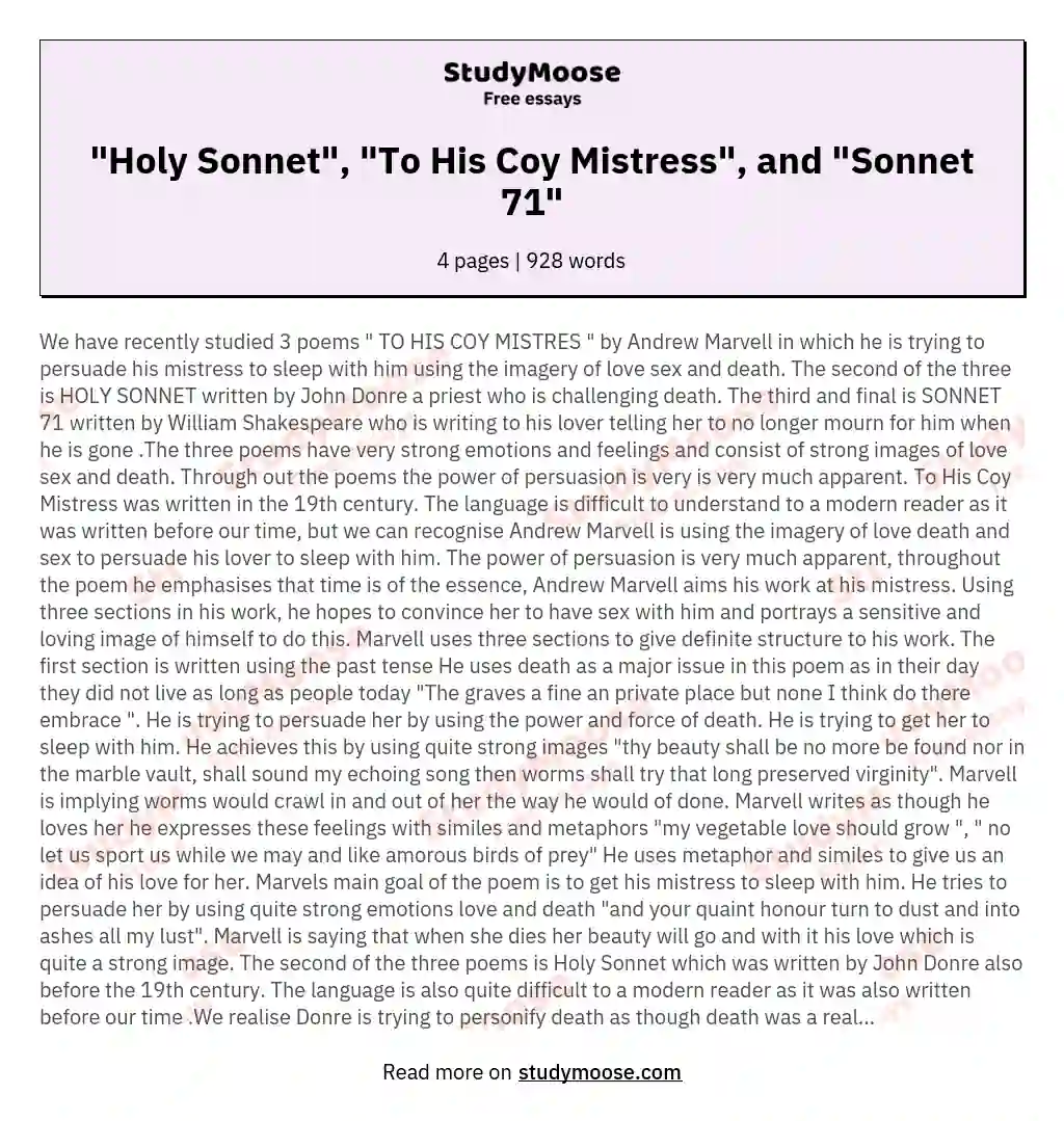 "Holy Sonnet", "To His Coy Mistress", and "Sonnet 71"