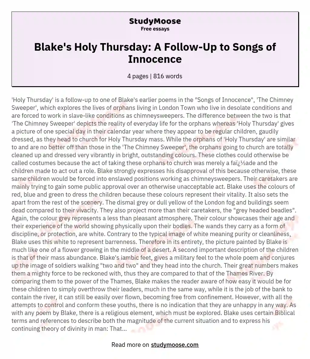 Blake's Holy Thursday: A Follow-Up to Songs of Innocence essay