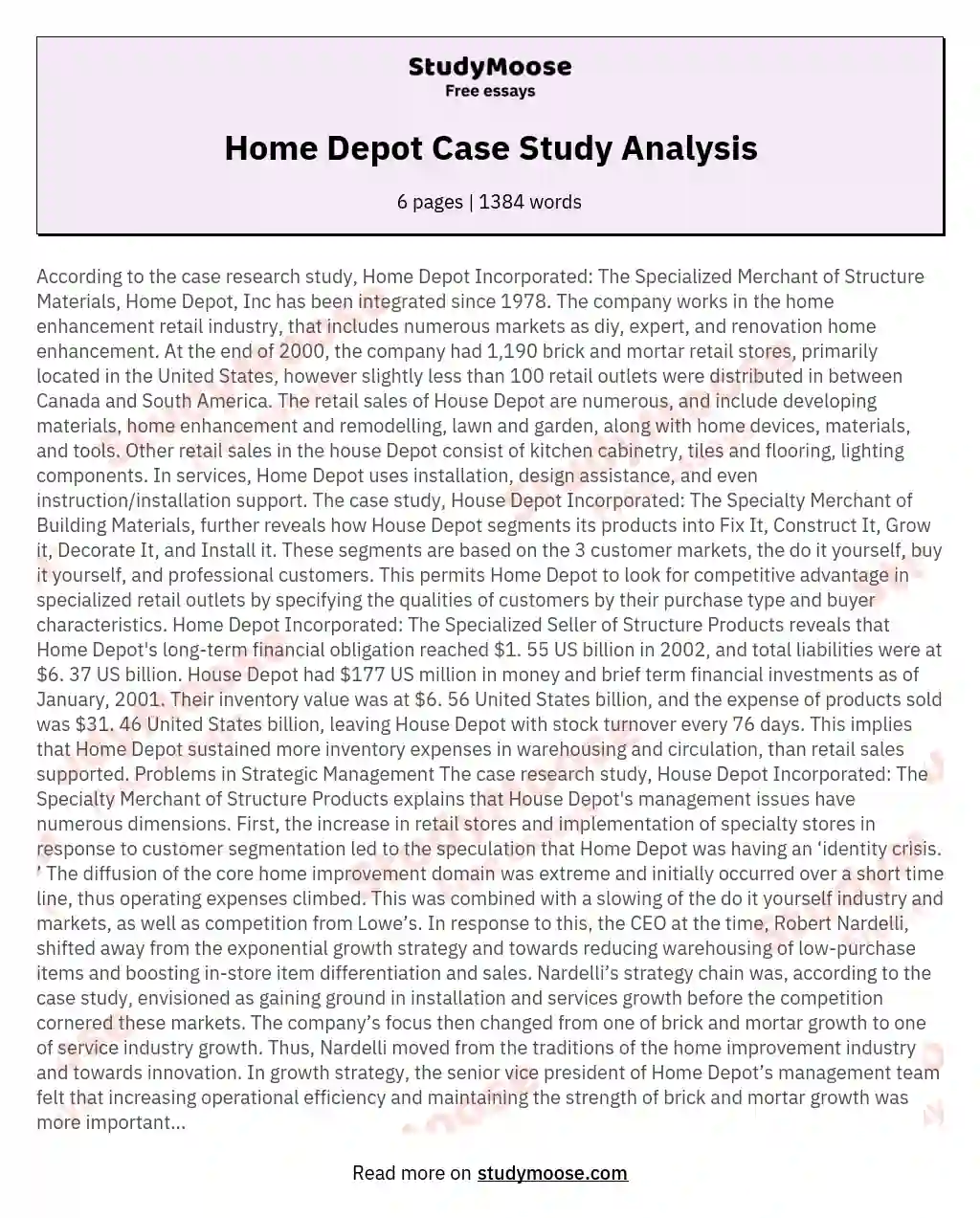Home Depot Case Study Analysis