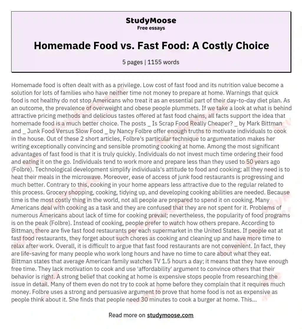 Homemade Food vs. Fast Food: A Costly Choice essay