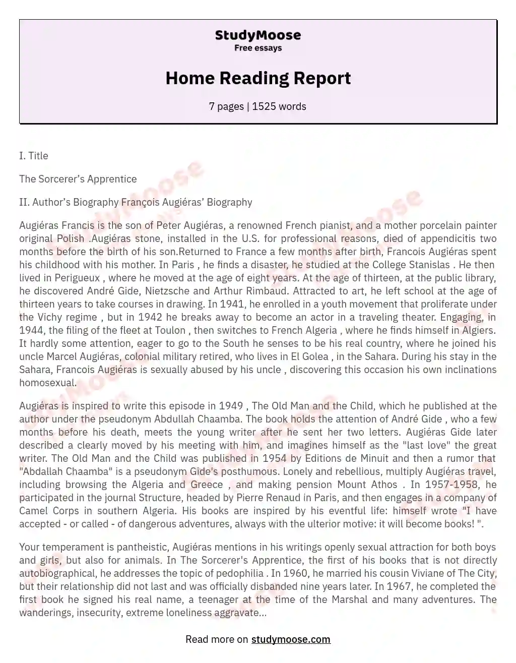 Home Reading Report essay