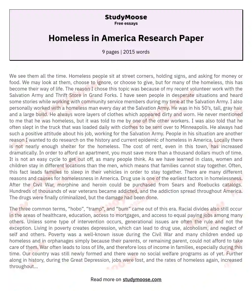 Homeless in America Research Paper essay